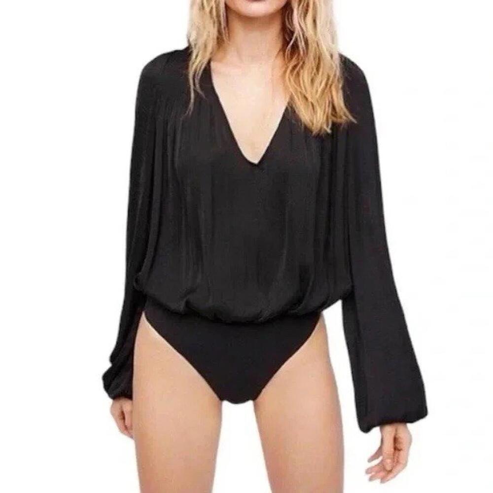 Free People Bodysuit S Black Satin Smockin’N Rock in’ V Neck Long Sleeve